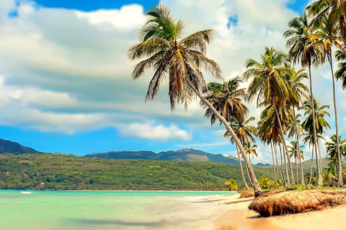 Das Bild zeigt Strand & Meer und im Hintergrund die grünen Berge der Dom Rep